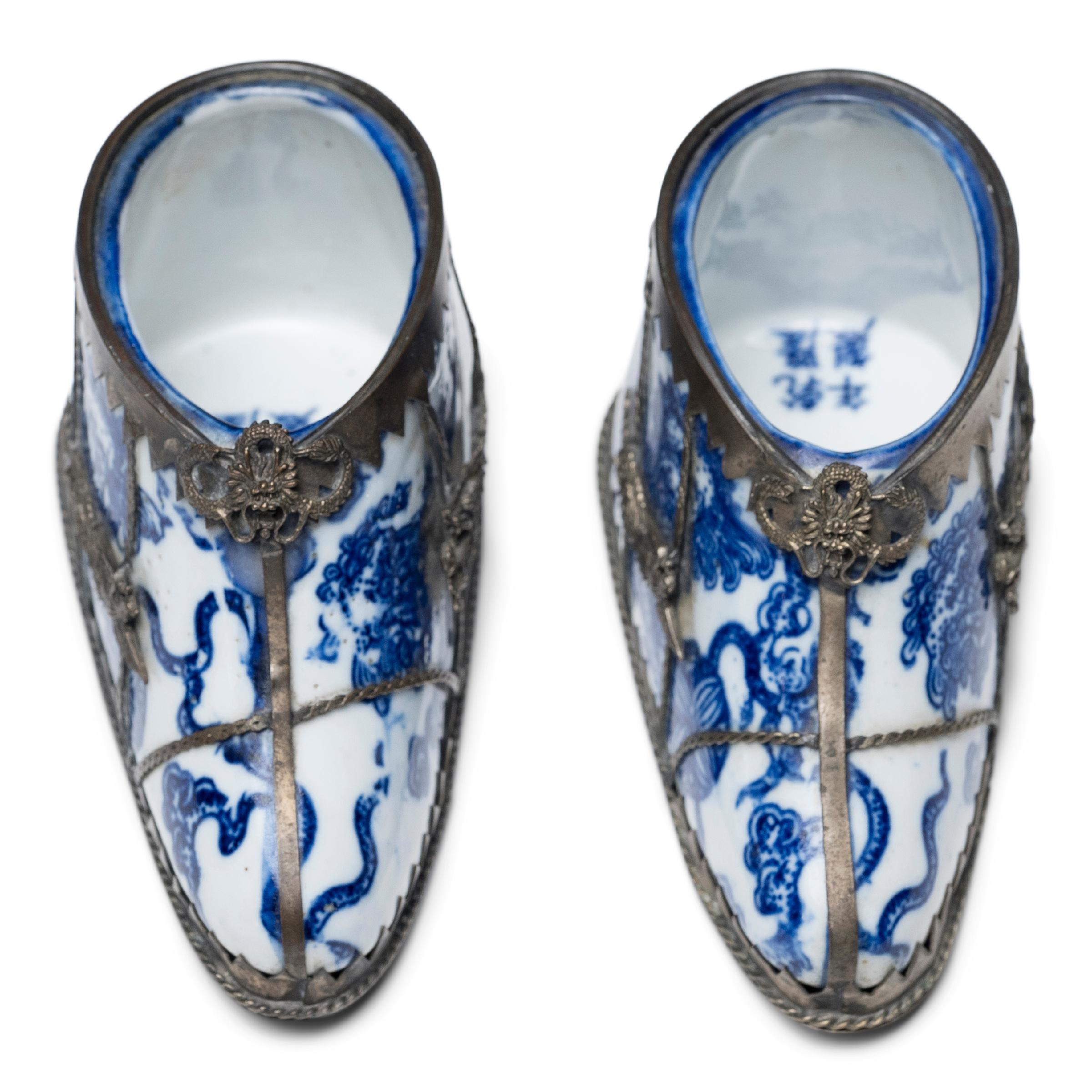 Qing Pair of Chinese Blue and White Lotus Shoes, c. 1900