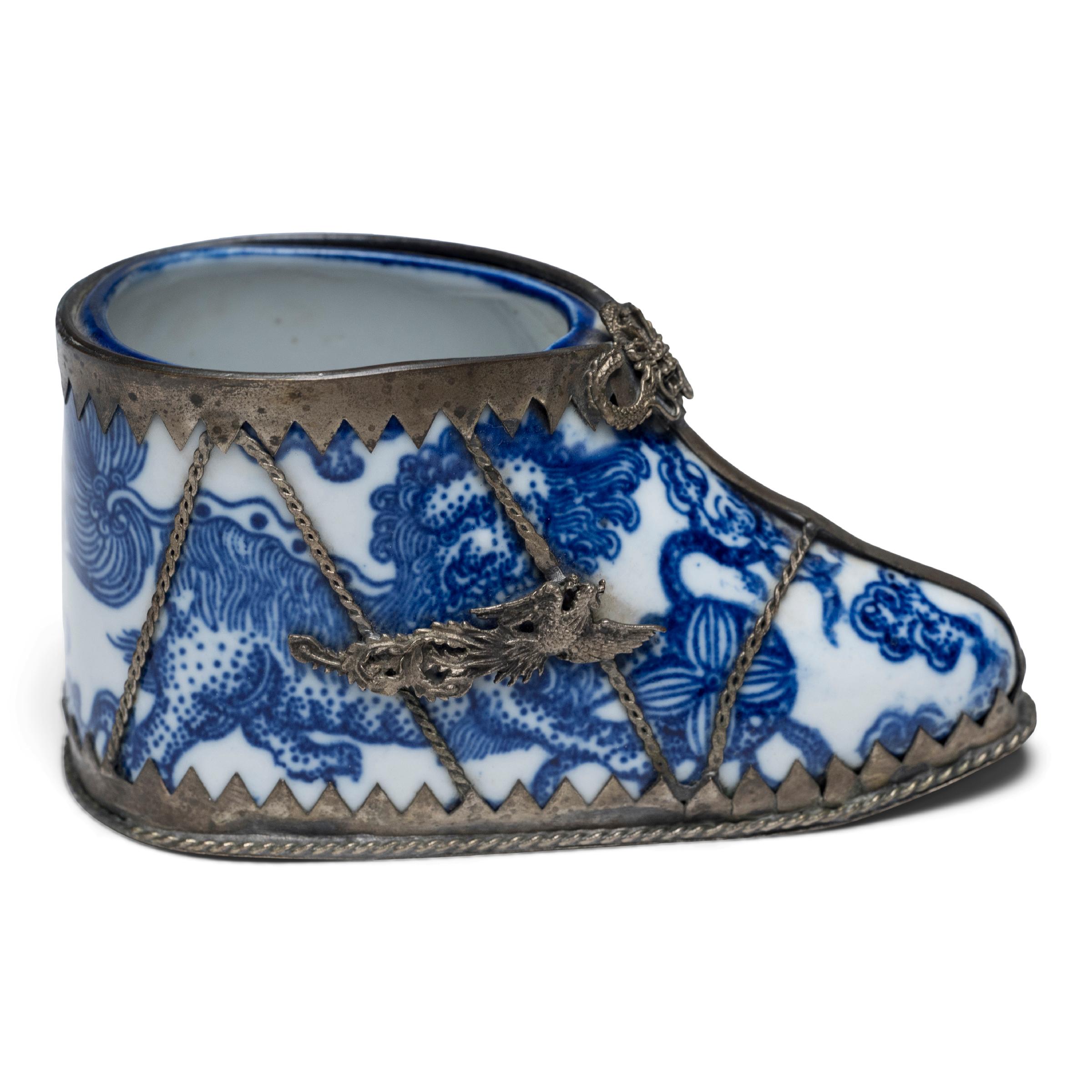 Glazed Pair of Chinese Blue and White Lotus Shoes, c. 1900