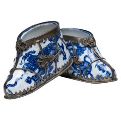 Antique Pair of Chinese Blue and White Lotus Shoes, c. 1900