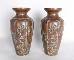 Chinese Pair of Ceramic Vases with Plants Decoration in Brown Tones