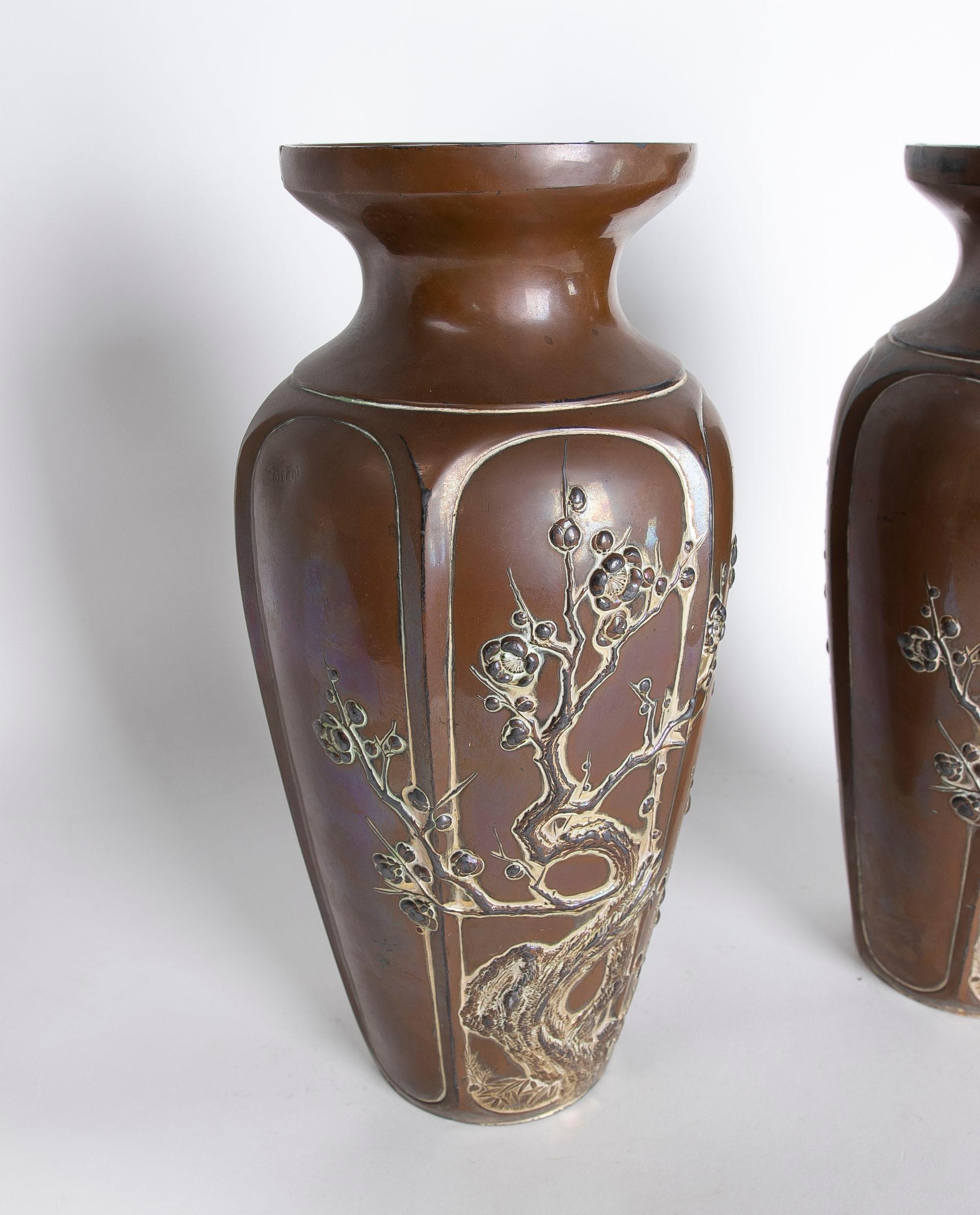 20th Century Chinese Pair of Ceramic Vases with Plants Decoration in Brown Tones For Sale
