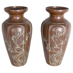Chinese Pair of Ceramic Vases with Plants Decoration in Brown Tones