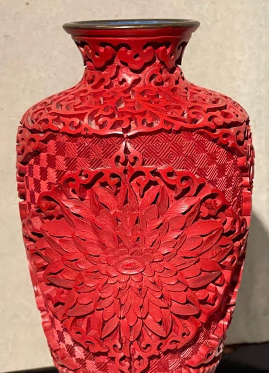 20th Century Chinese Pair of Cinnabar Vases