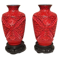 Chinese Pair of Cinnabar Vases