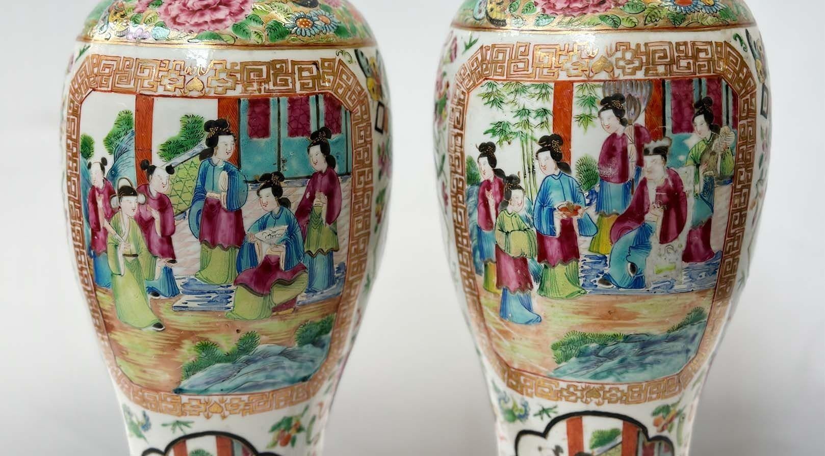Chinese Pair of Early 19th Century Famille Rose Canton Lidded Vases In Good Condition For Sale In Los Angeles, CA