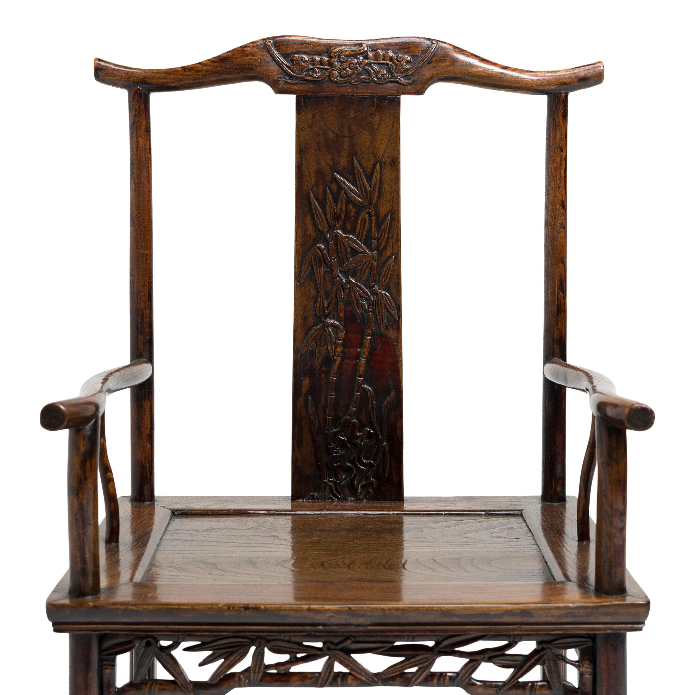 Chinese Pair of Fine Yoke Back Armchairs with Bamboo Carvings, circa 1800 For Sale 1