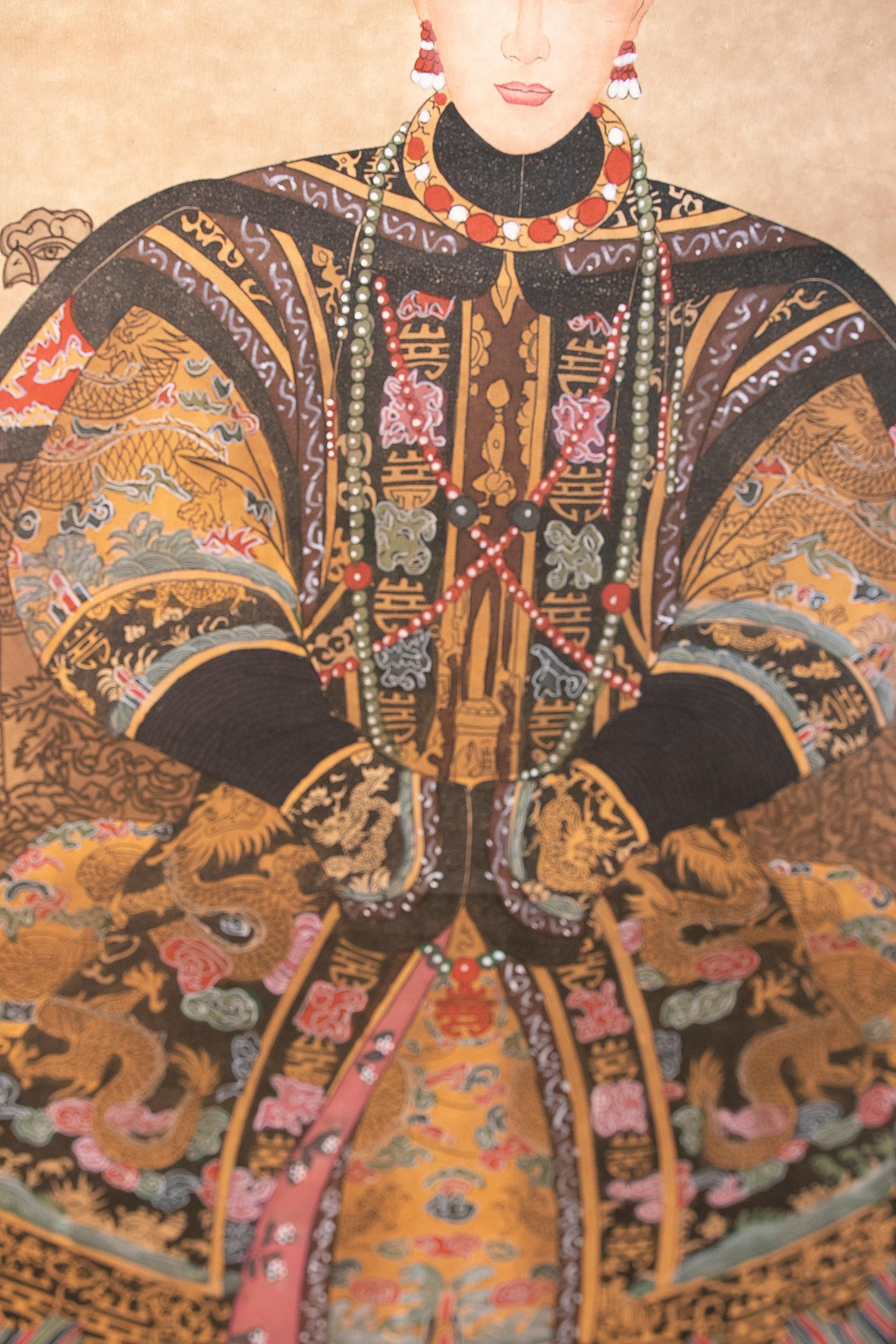 Chinese Pair of Hand Painted Posters of King and Queen Sitting on Throne 2