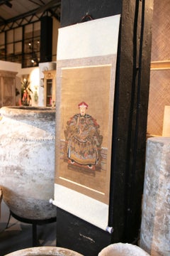 Chinese Pair of Hand Painted Posters of King and Queen Sitting on Throne