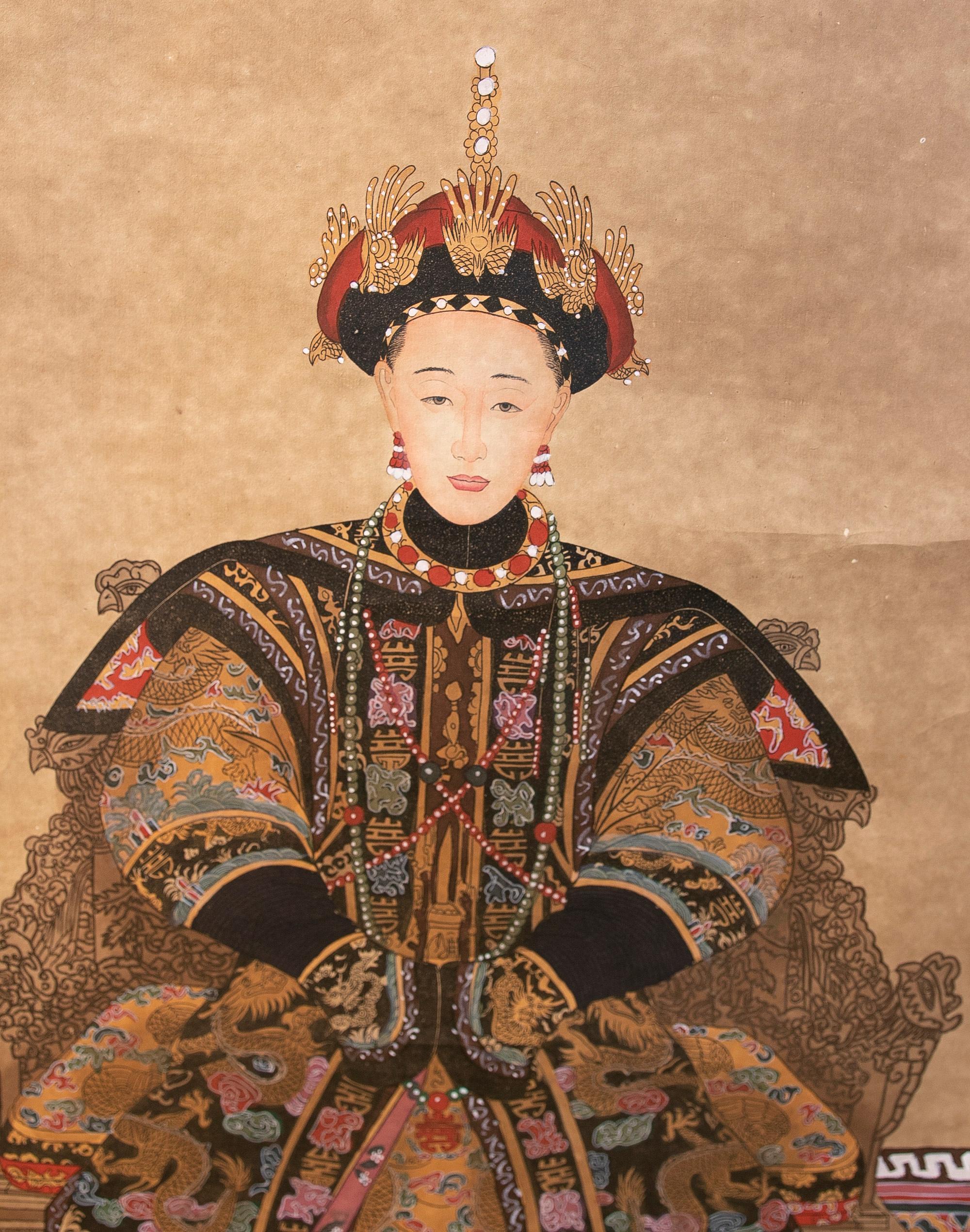 Paper Chinese Pair of Hand Painted Posters of King and Queen Sitting on Throne For Sale