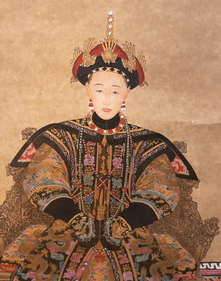 Chinese Pair of Hand Painted Posters of King and Queen Sitting on ...