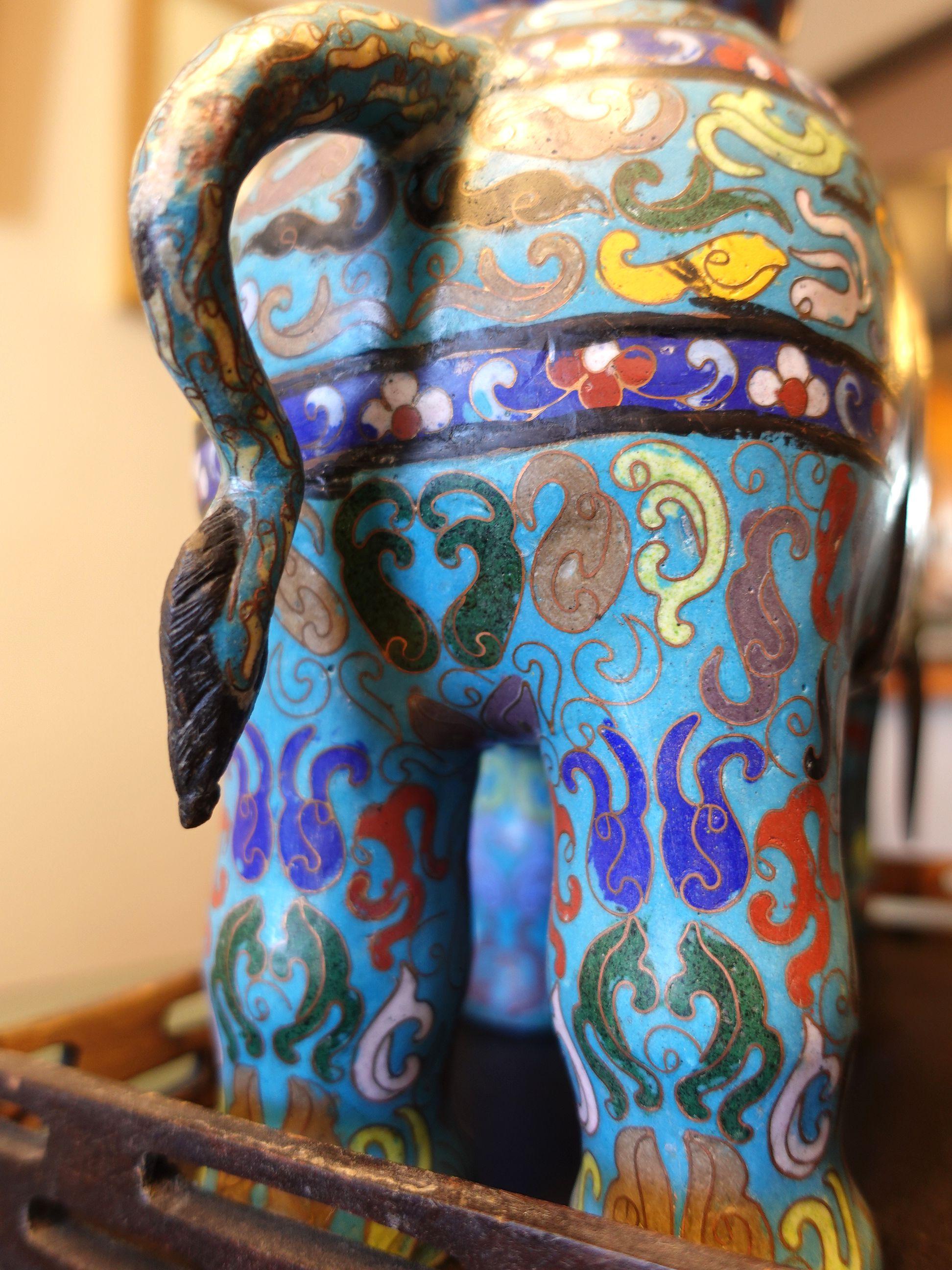 Chinese Pair of Large Cloisonné Elephants with Wood Stands For Sale 4