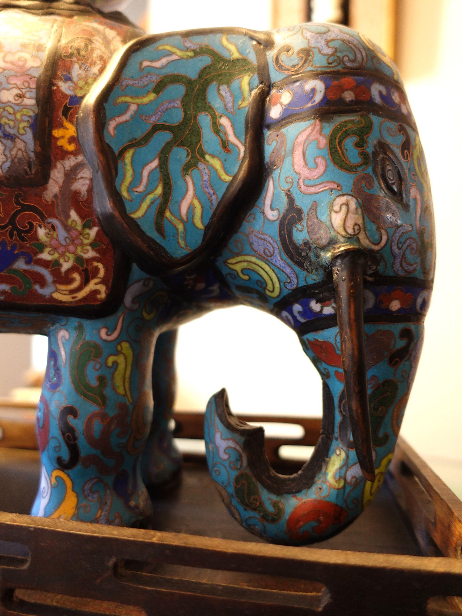 Chinese Pair of Large Cloisonné Elephants with Wood Stands For Sale 5