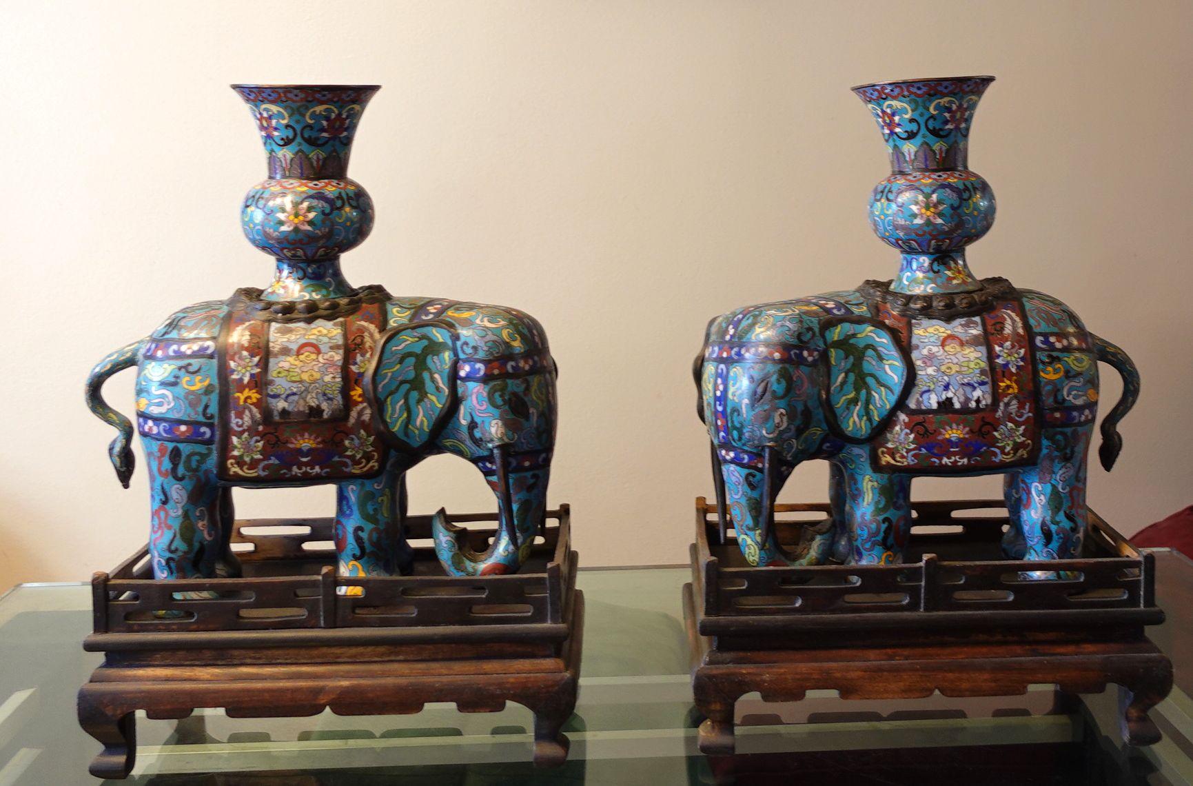 Chinese Export Chinese Pair of Large Cloisonné Elephants with Wood Stands For Sale