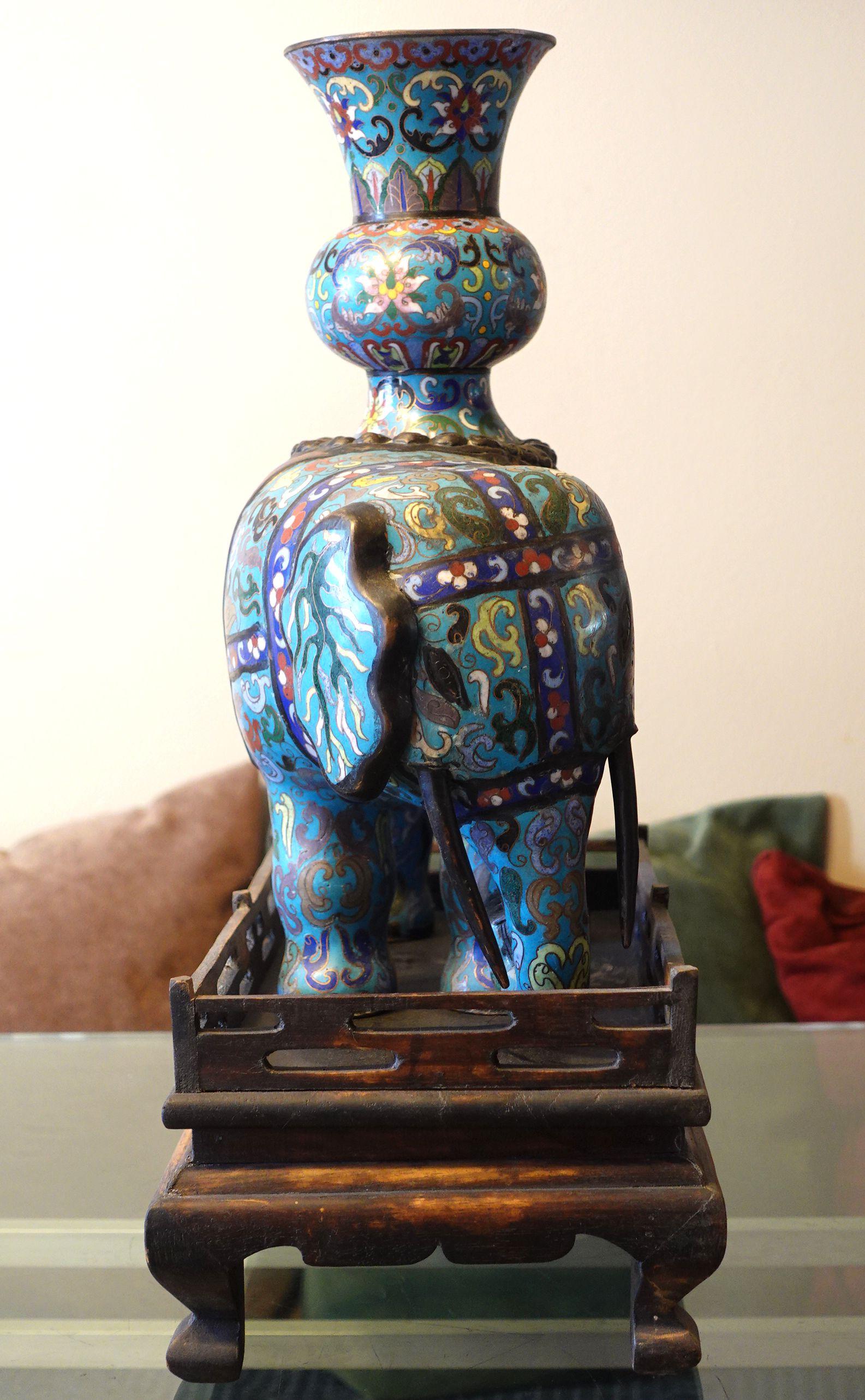 Chinese Pair of Large Cloisonné Elephants with Wood Stands In Good Condition For Sale In Norton, MA