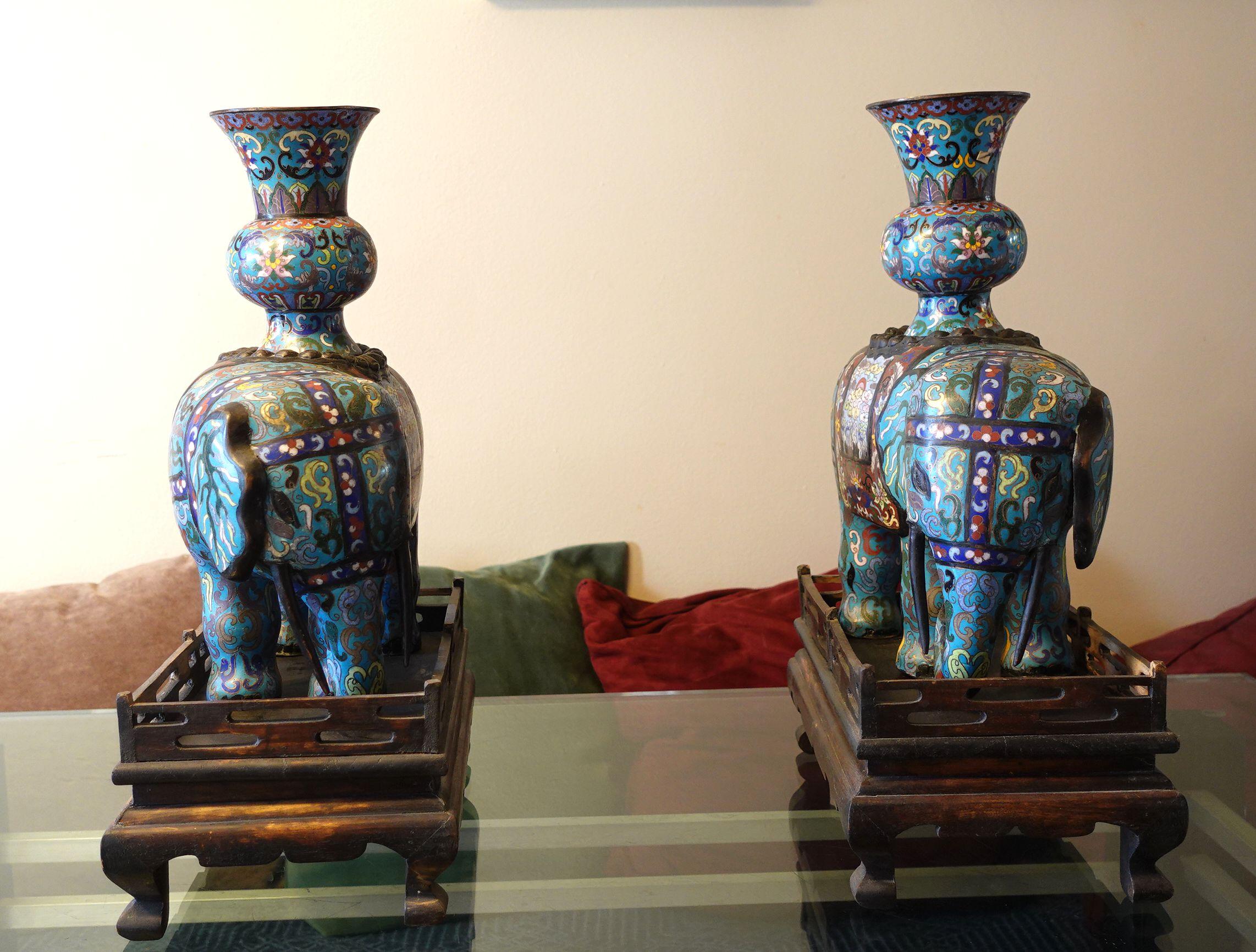 Hand-Painted Chinese Pair of Large Cloisonné Elephants with Wood Stands For Sale