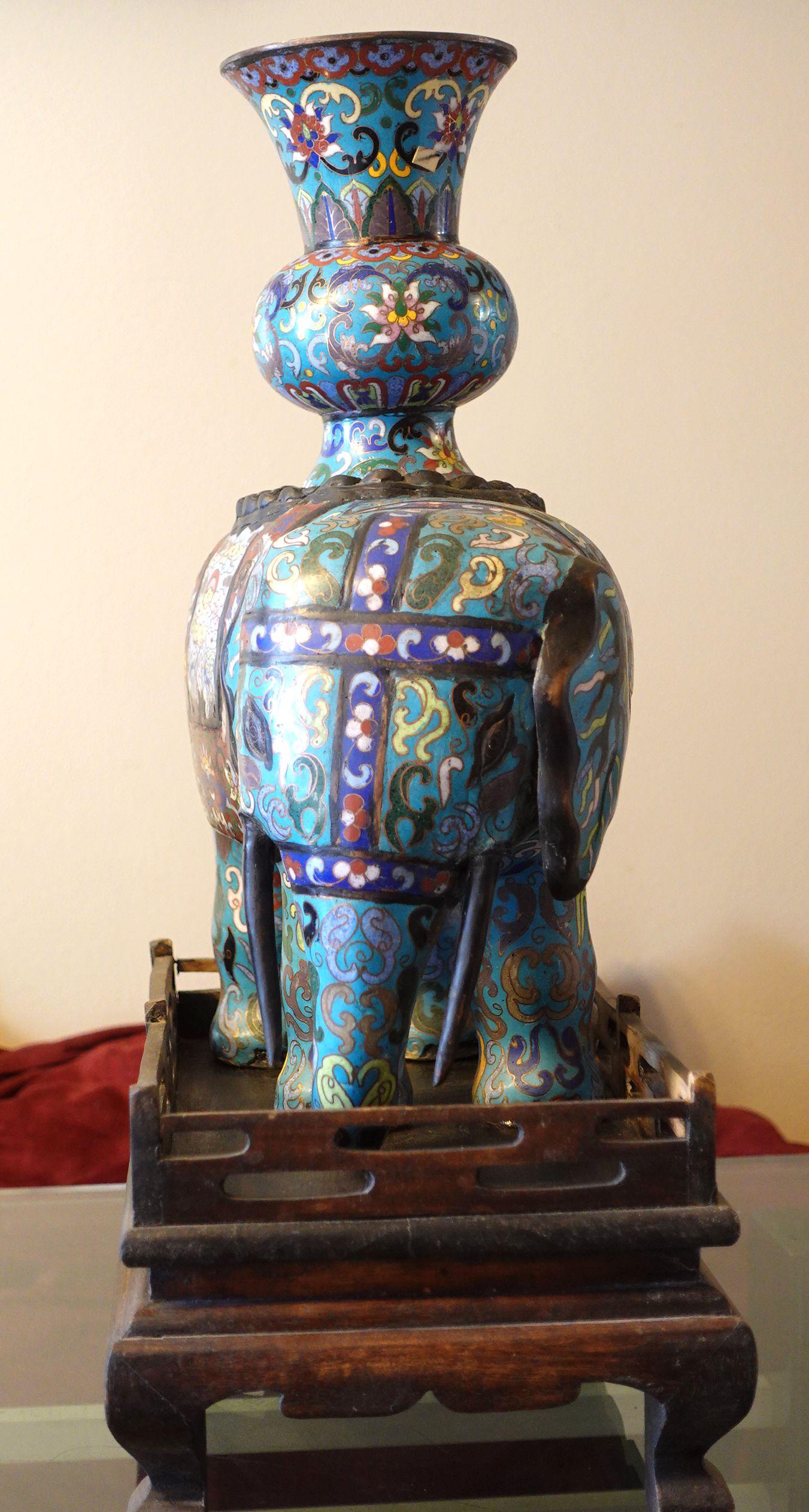 20th Century Chinese Pair of Large Cloisonné Elephants with Wood Stands For Sale
