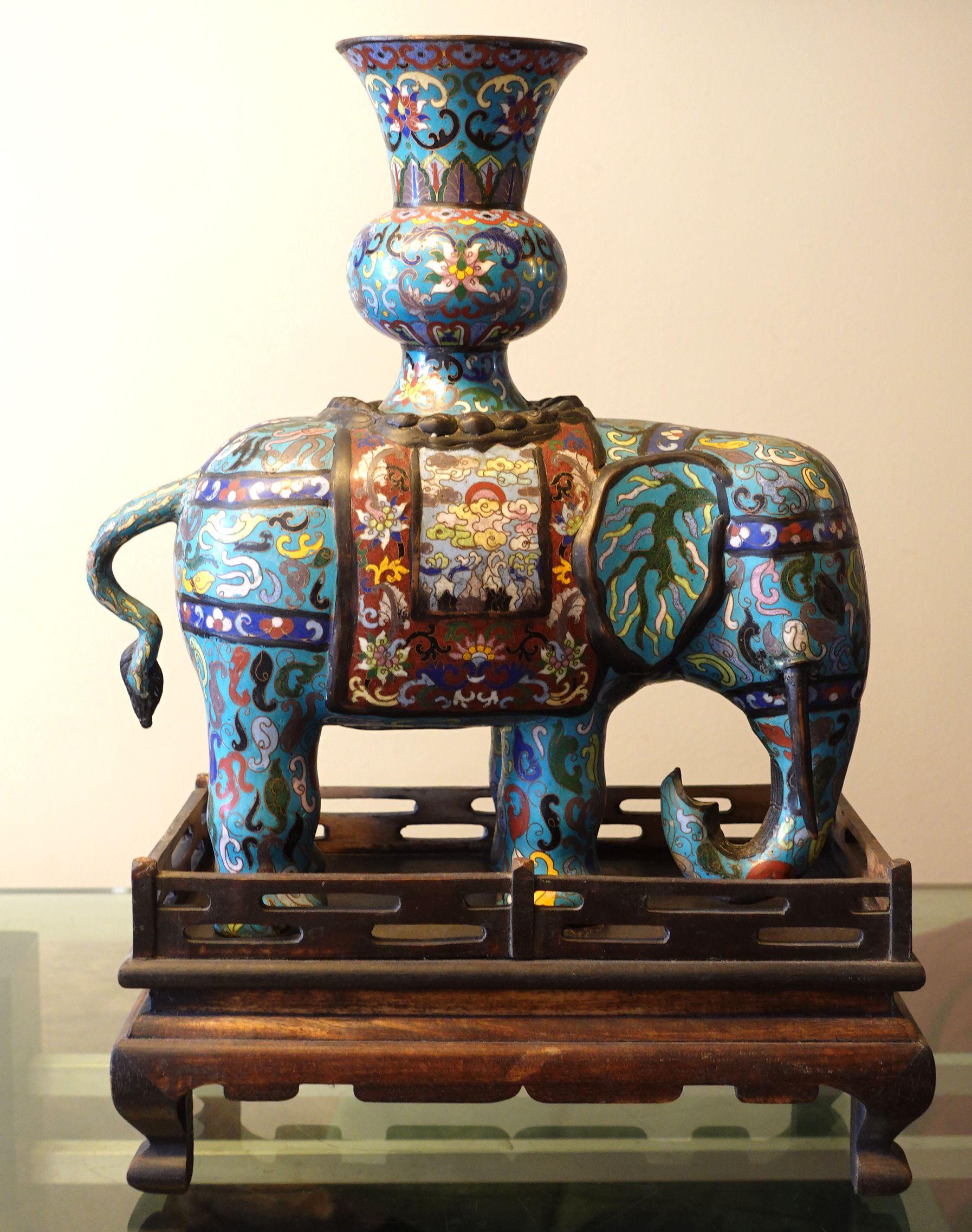 Copper Chinese Pair of Large Cloisonné Elephants with Wood Stands For Sale