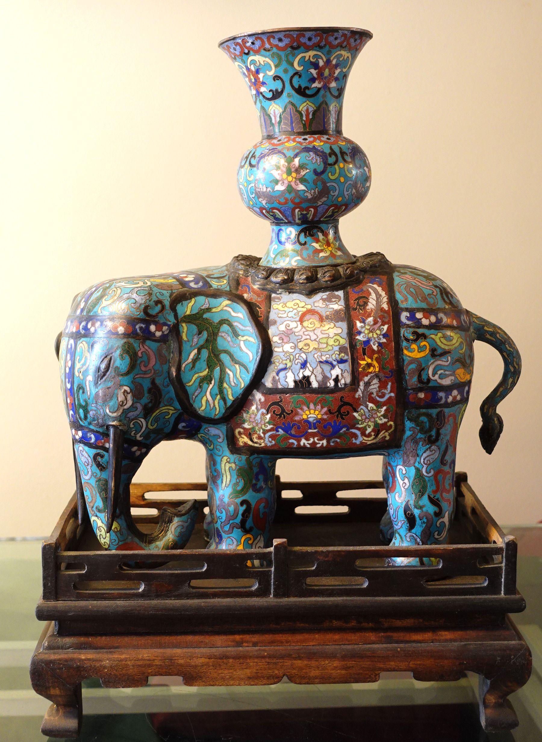 Chinese Pair of Large Cloisonné Elephants with Wood Stands For Sale 1