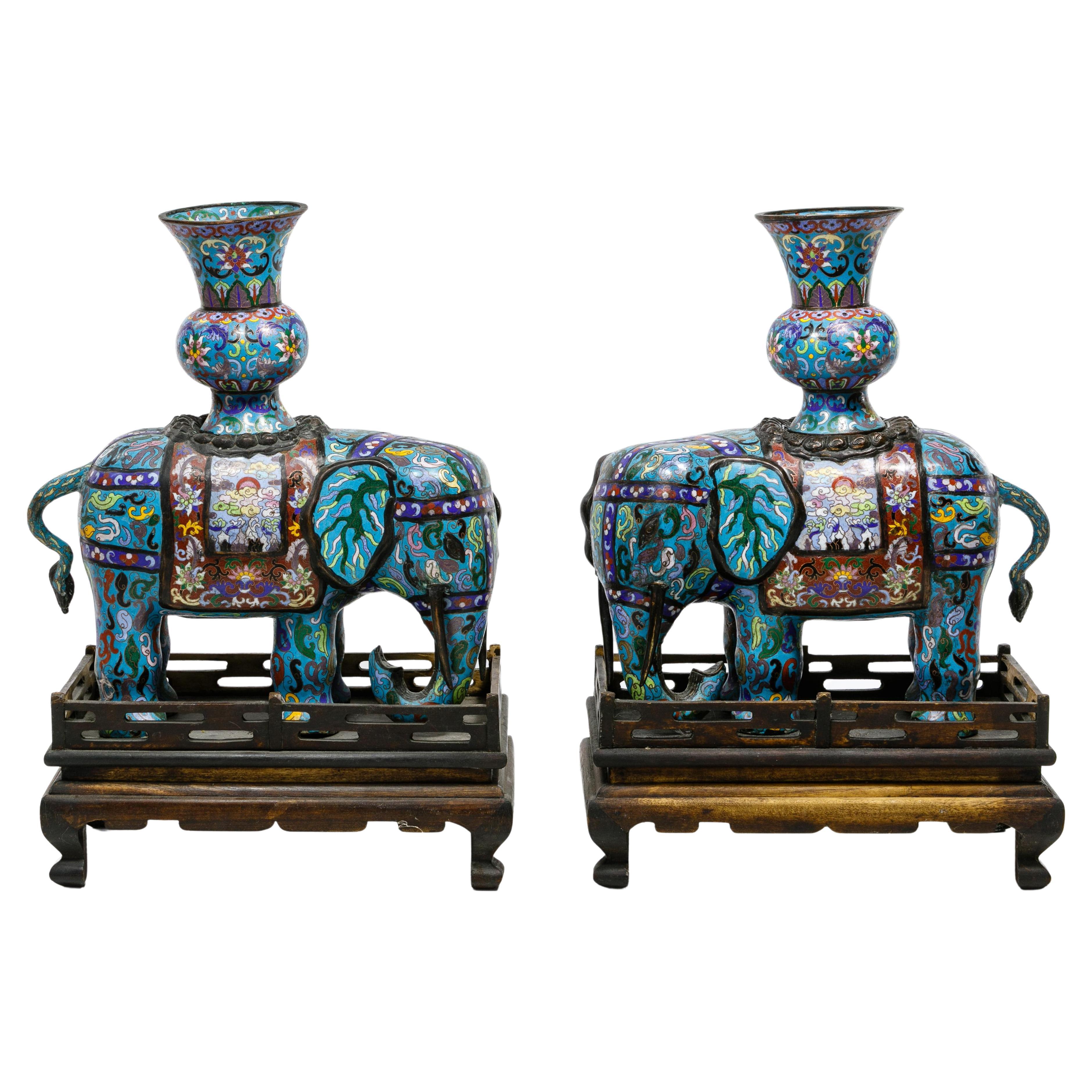 Chinese Pair of Large Cloisonné Elephants with Wood Stands For Sale