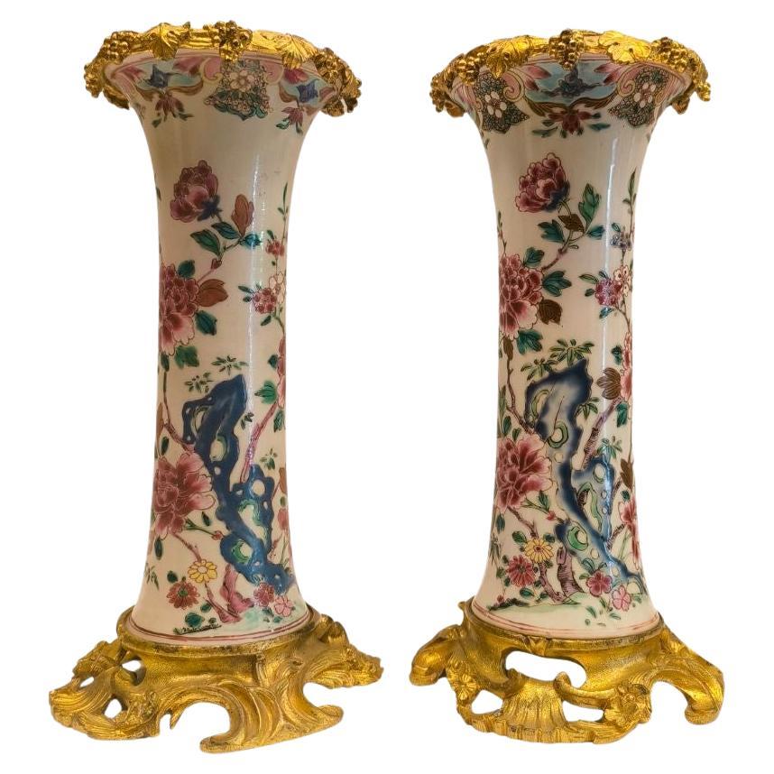 Chinese pair of mounted Trompet-shaped Pink Porcelaine Vases ormolu 