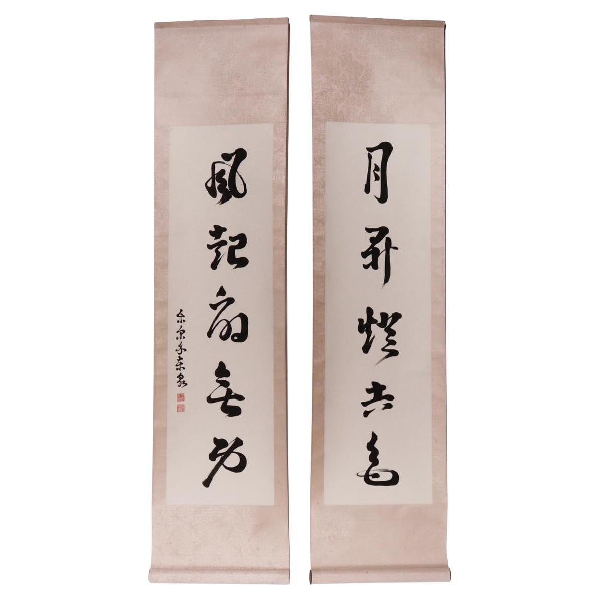 Chinese Pair of Poetic Calligraphy Scrolls by Luo Er Dong Zhuang
