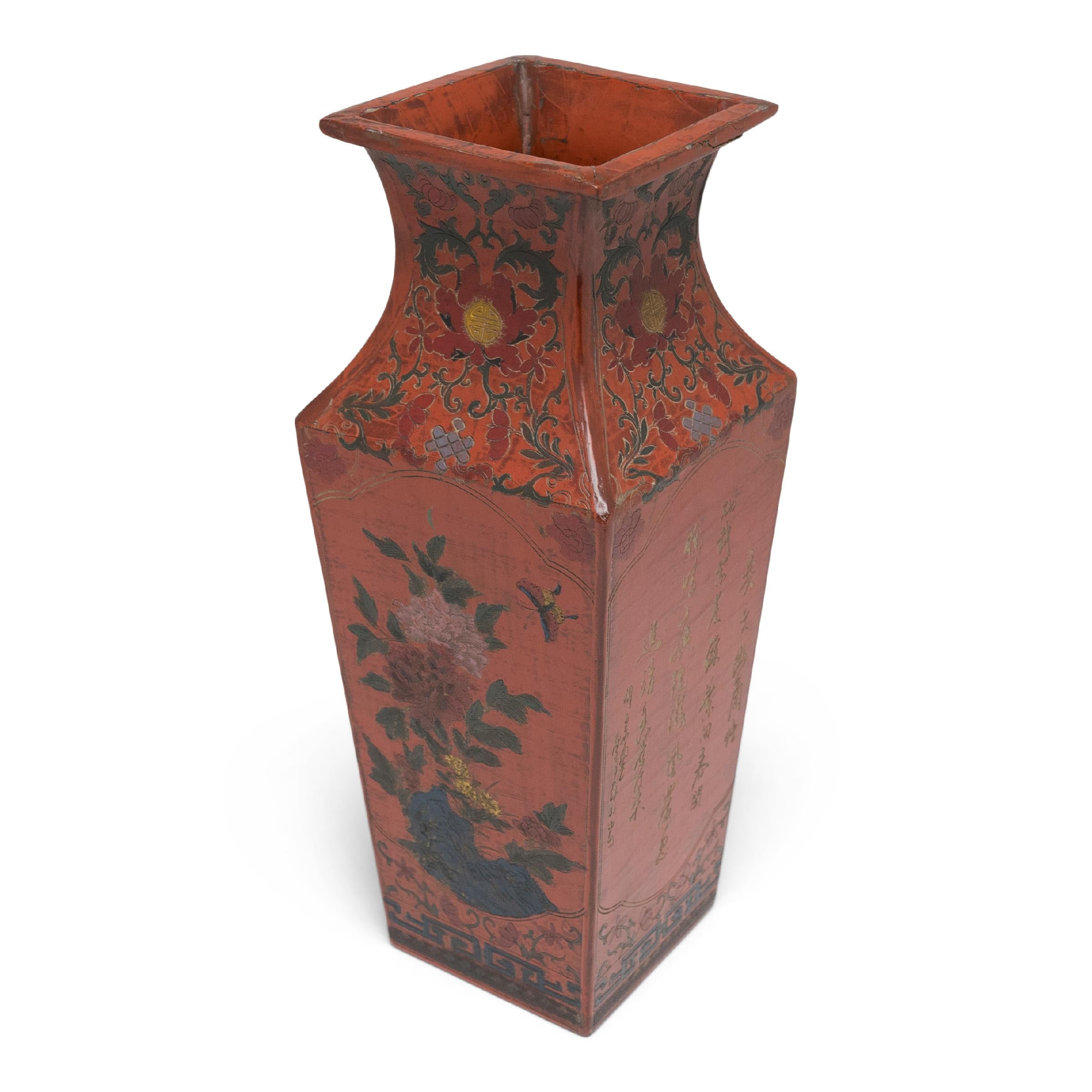 Pair of Chinese Red Lacquer Square Fantail Vases For Sale 4