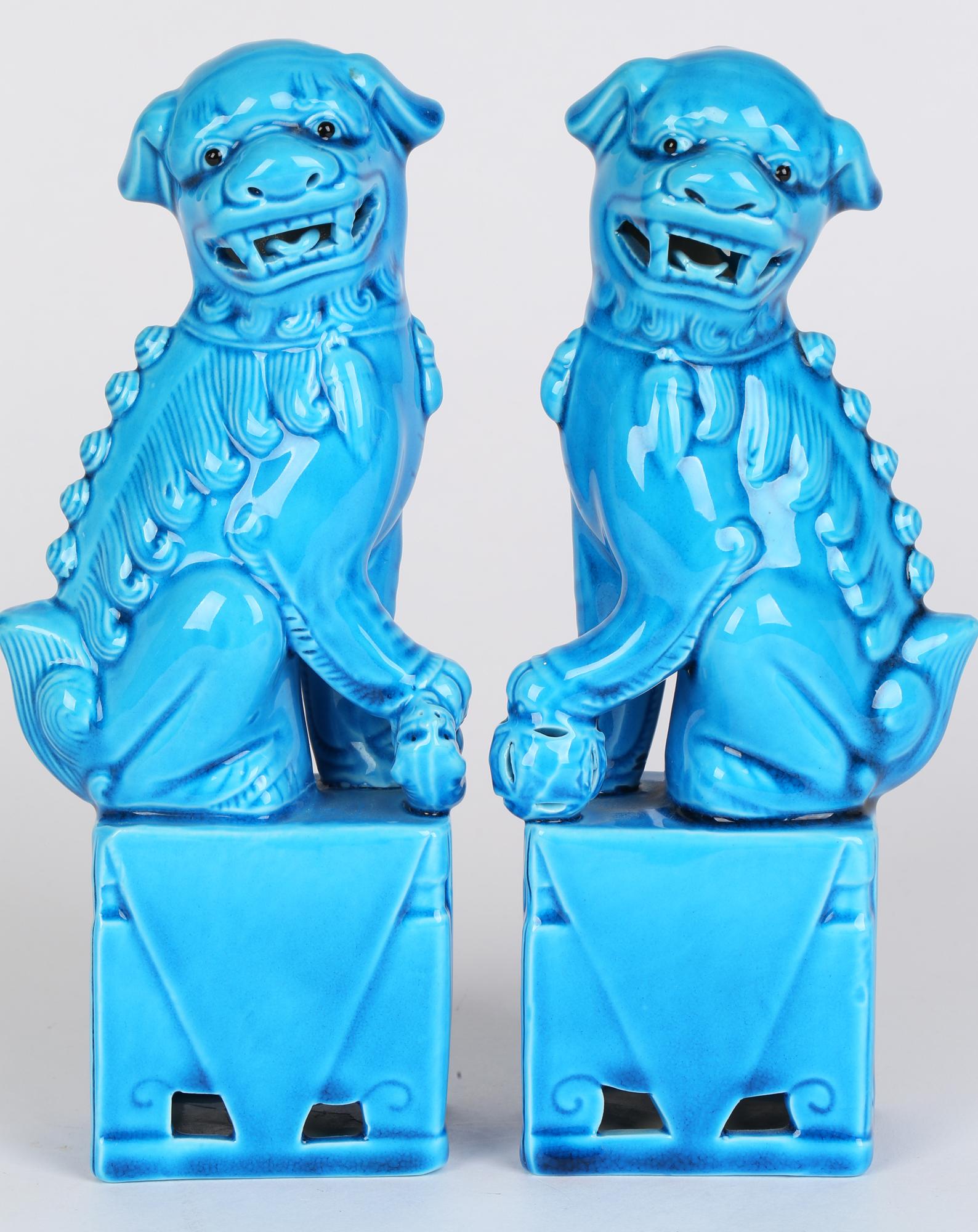 Chinese Pair of Turquoise Glazed Porcelain Mounted Food Dogs 4