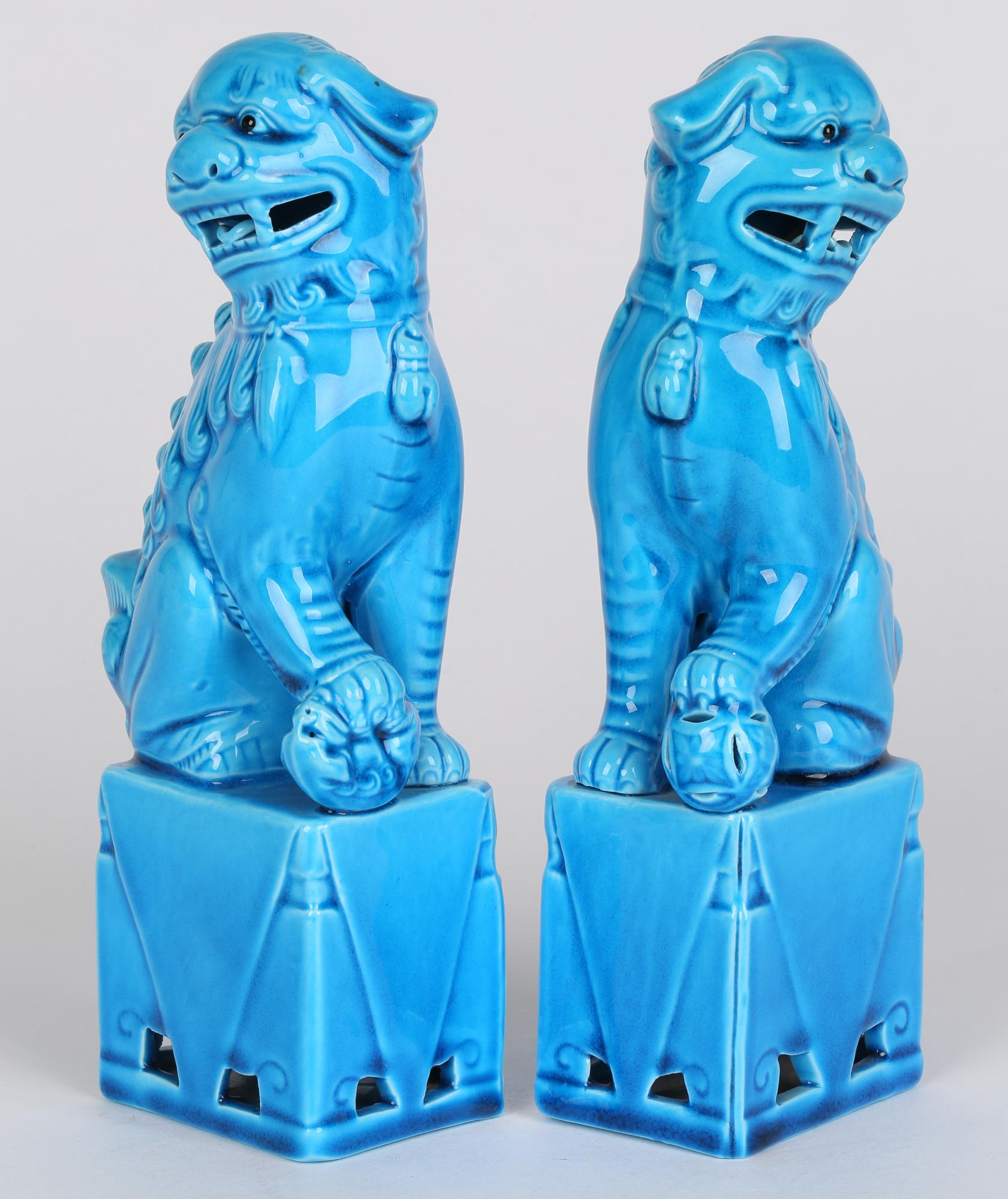 Chinese Pair of Turquoise Glazed Porcelain Mounted Food Dogs 6