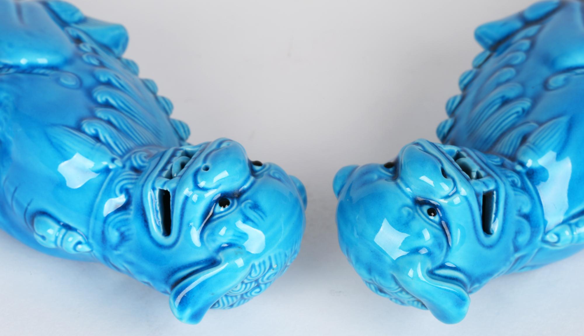 Chinese Pair of Turquoise Glazed Porcelain Mounted Food Dogs 7