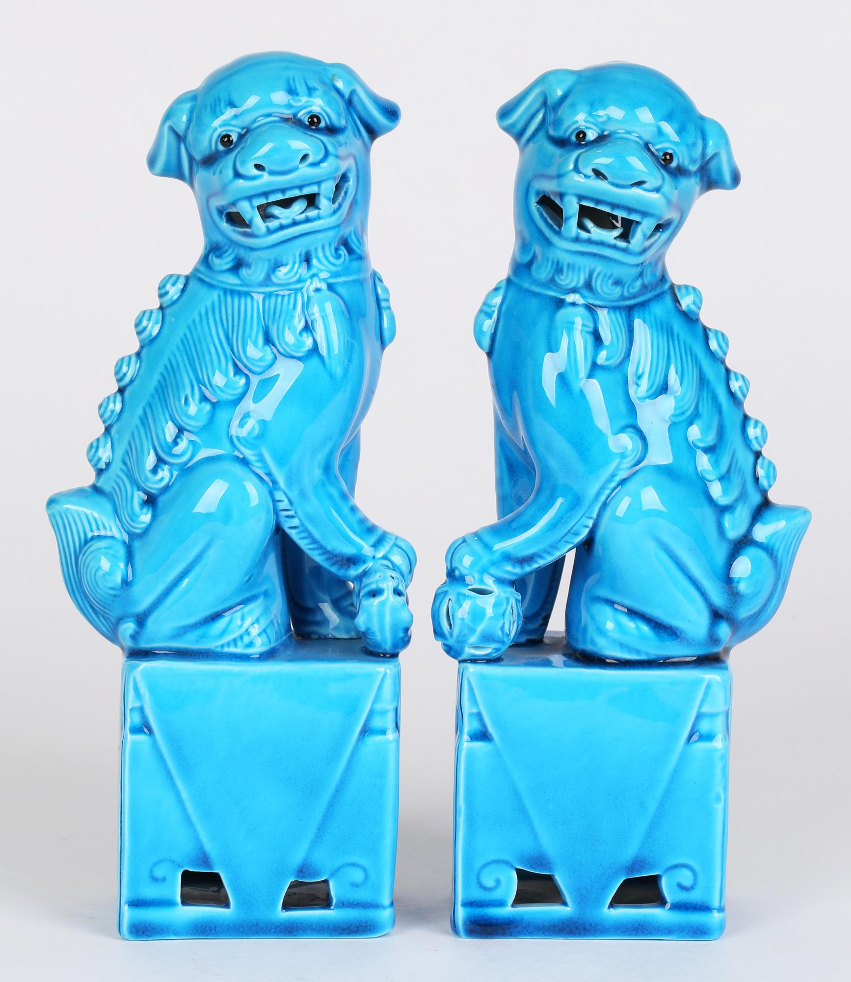 Chinese Pair of Turquoise Glazed Porcelain Mounted Food Dogs 10