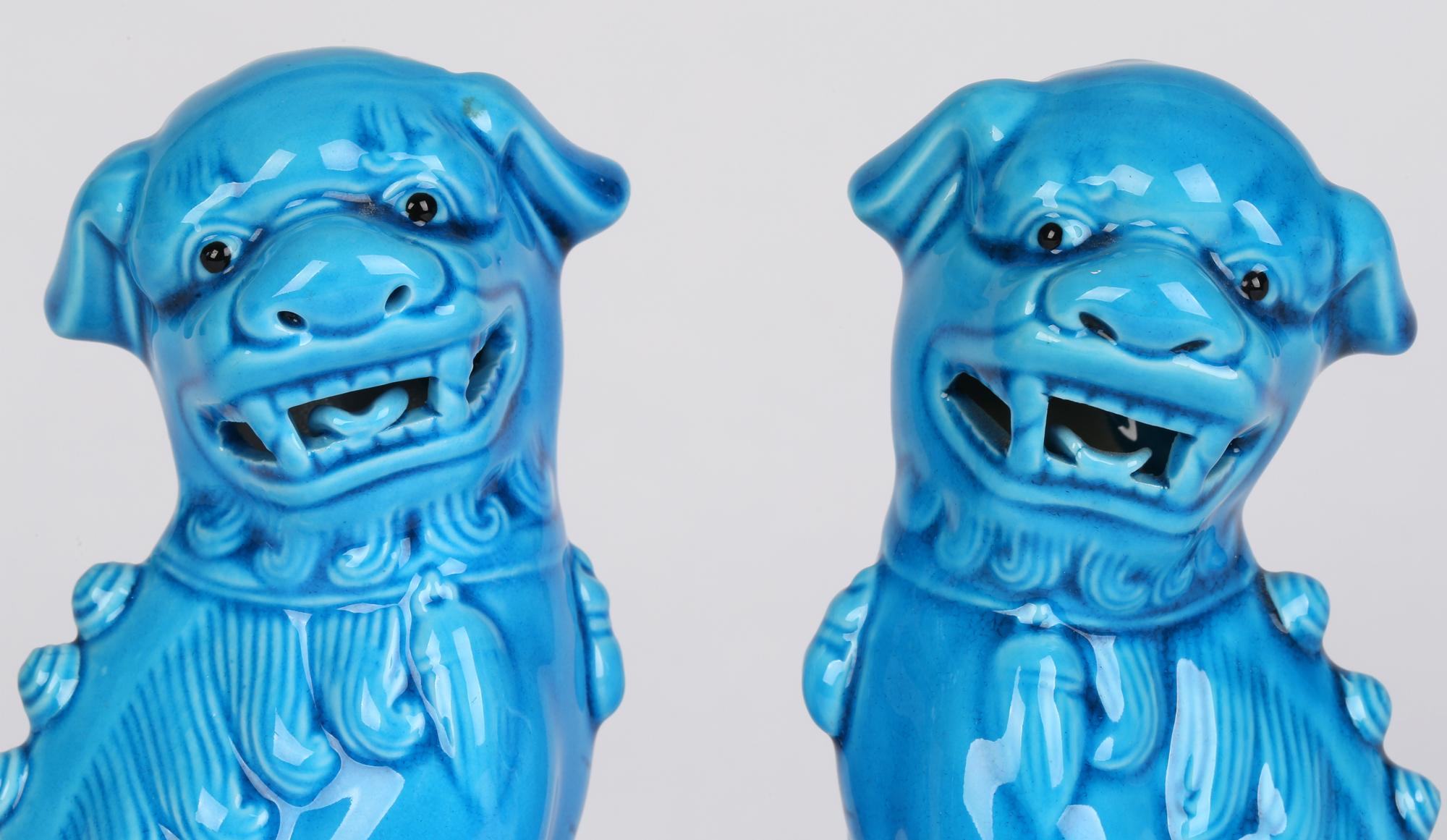 Chinese Pair of Turquoise Glazed Porcelain Mounted Food Dogs 1