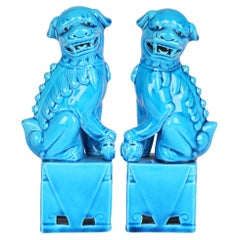 Chinese Pair of Turquoise Glazed Porcelain Mounted Food Dogs