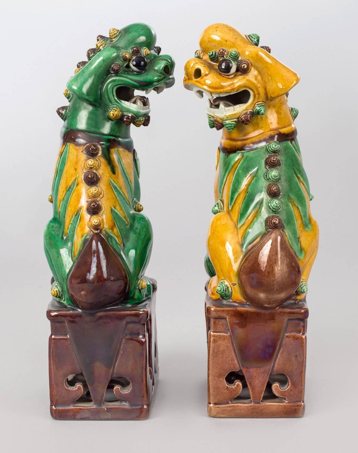 Chinese Export Chinese Pair of Yellow and Green Foo Dogs