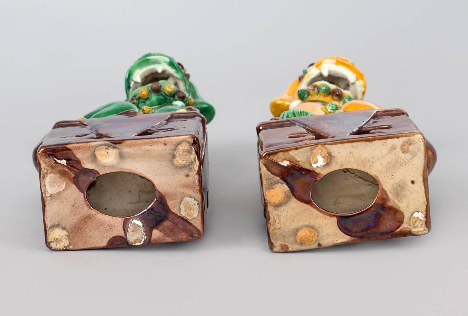 Polychromed Chinese Pair of Yellow and Green Foo Dogs