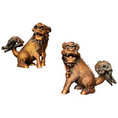 Chinese Pair Qilin Guardian Sculptures, Carved Wood and Gilt Lacquer, Circa 1900