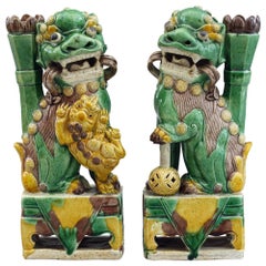 Chinese Pair of Sancai Glazed Porcelain Dogs of Fu Incense Holders