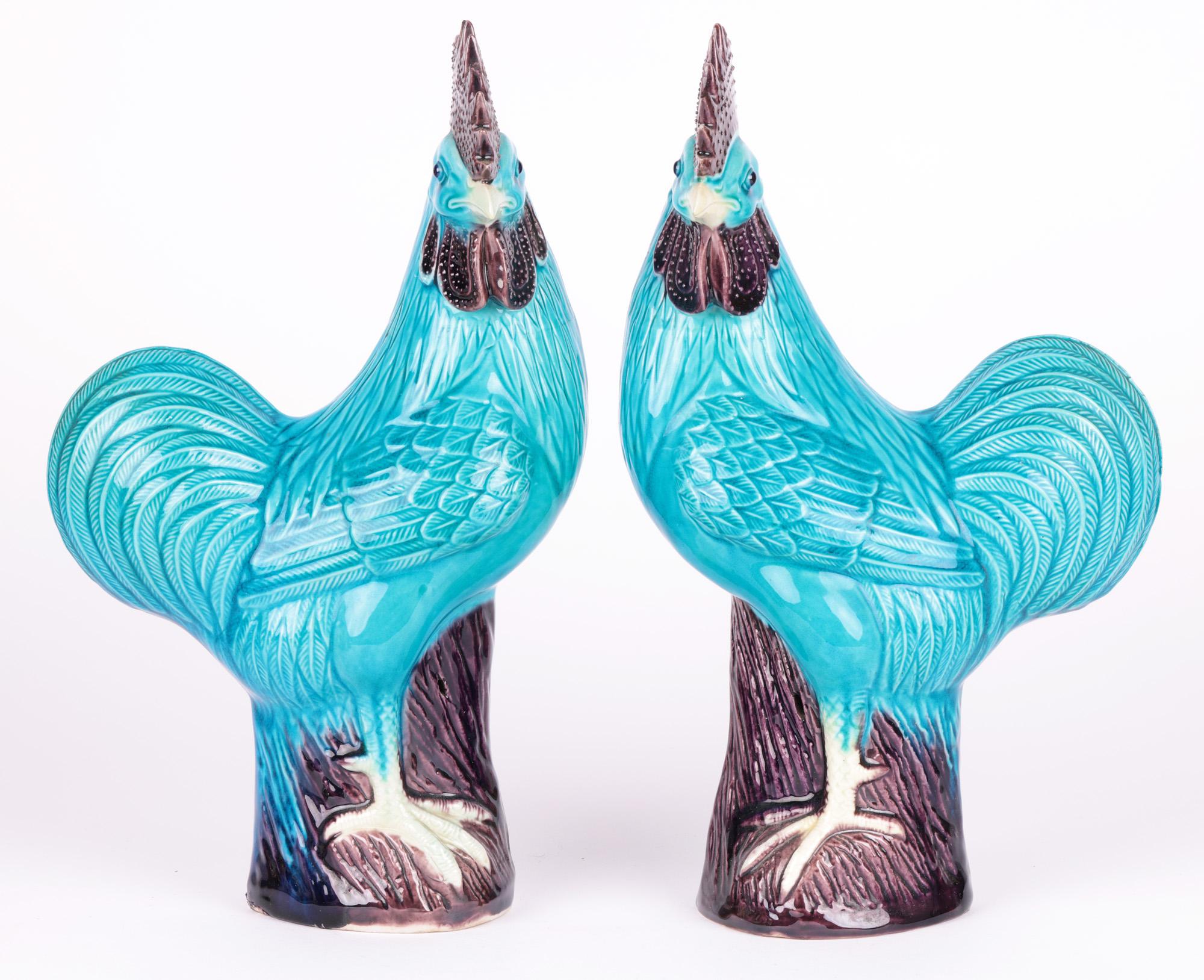 Chinese Pair Turquoise Glazed Porcelain Cockerel Figures 4