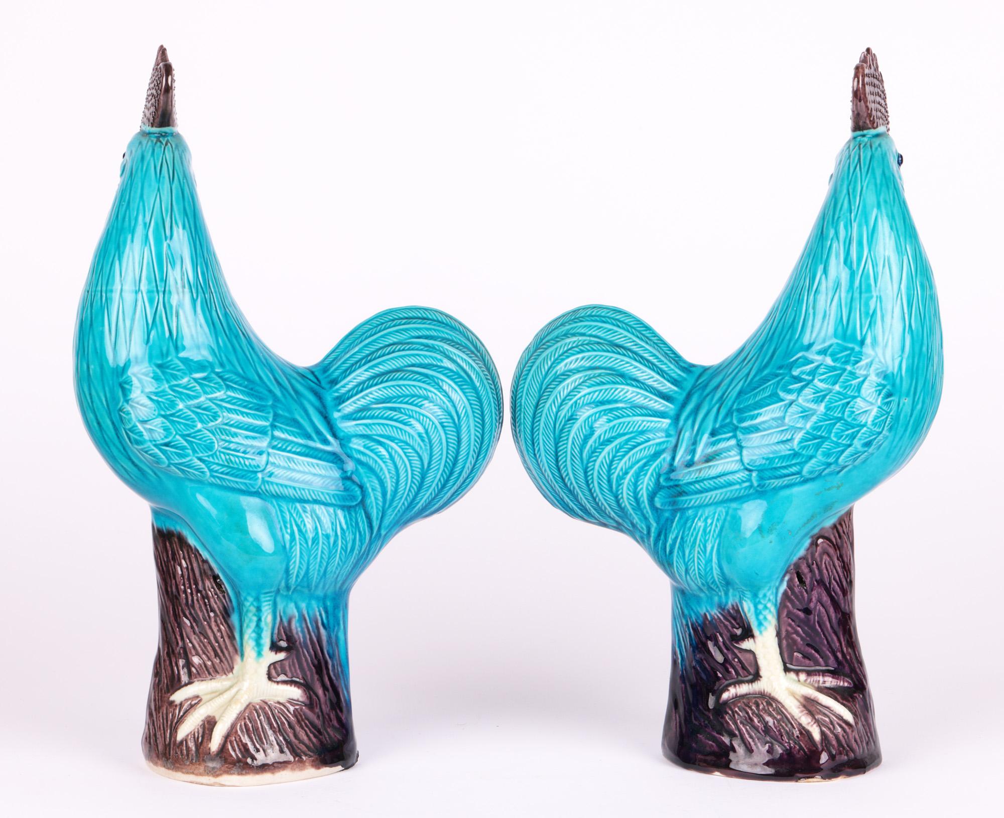 Chinese Pair Turquoise Glazed Porcelain Cockerel Figures 6