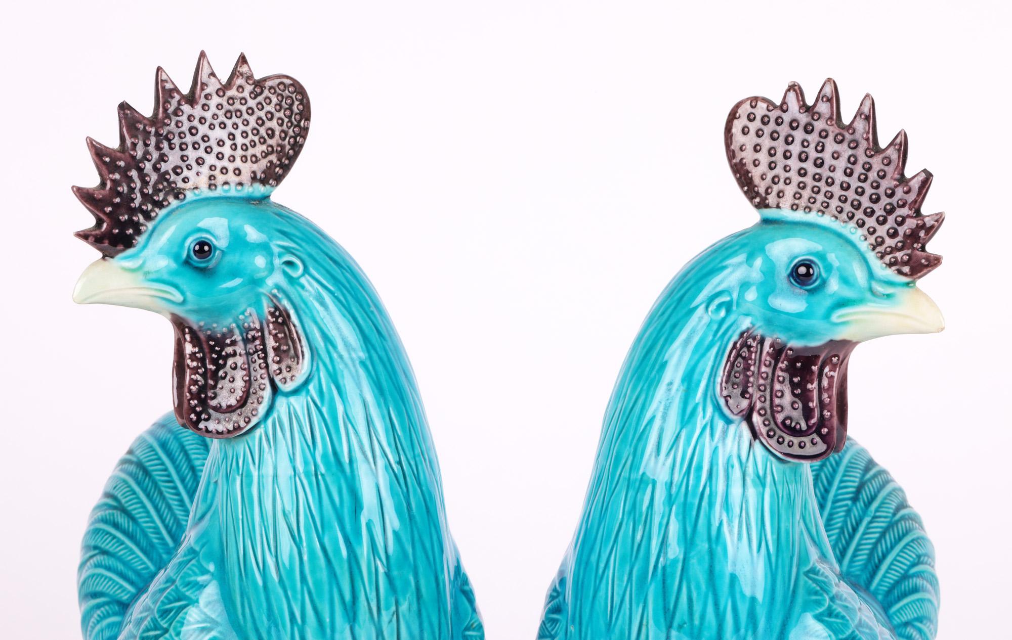 Chinese Pair Turquoise Glazed Porcelain Cockerel Figures 8