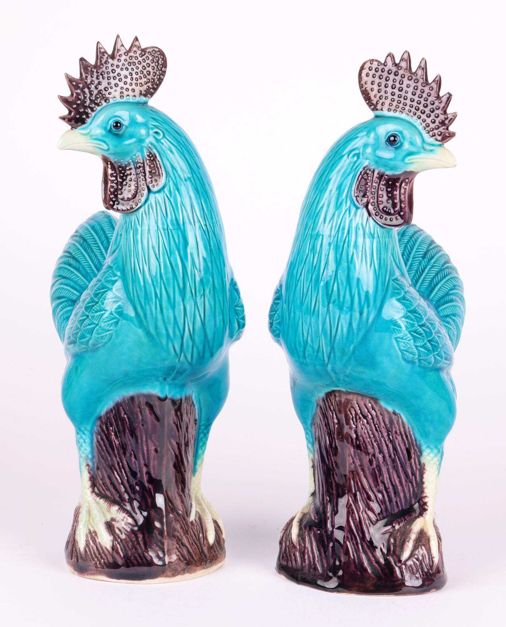 Chinese Pair Turquoise Glazed Porcelain Cockerel Figures 9