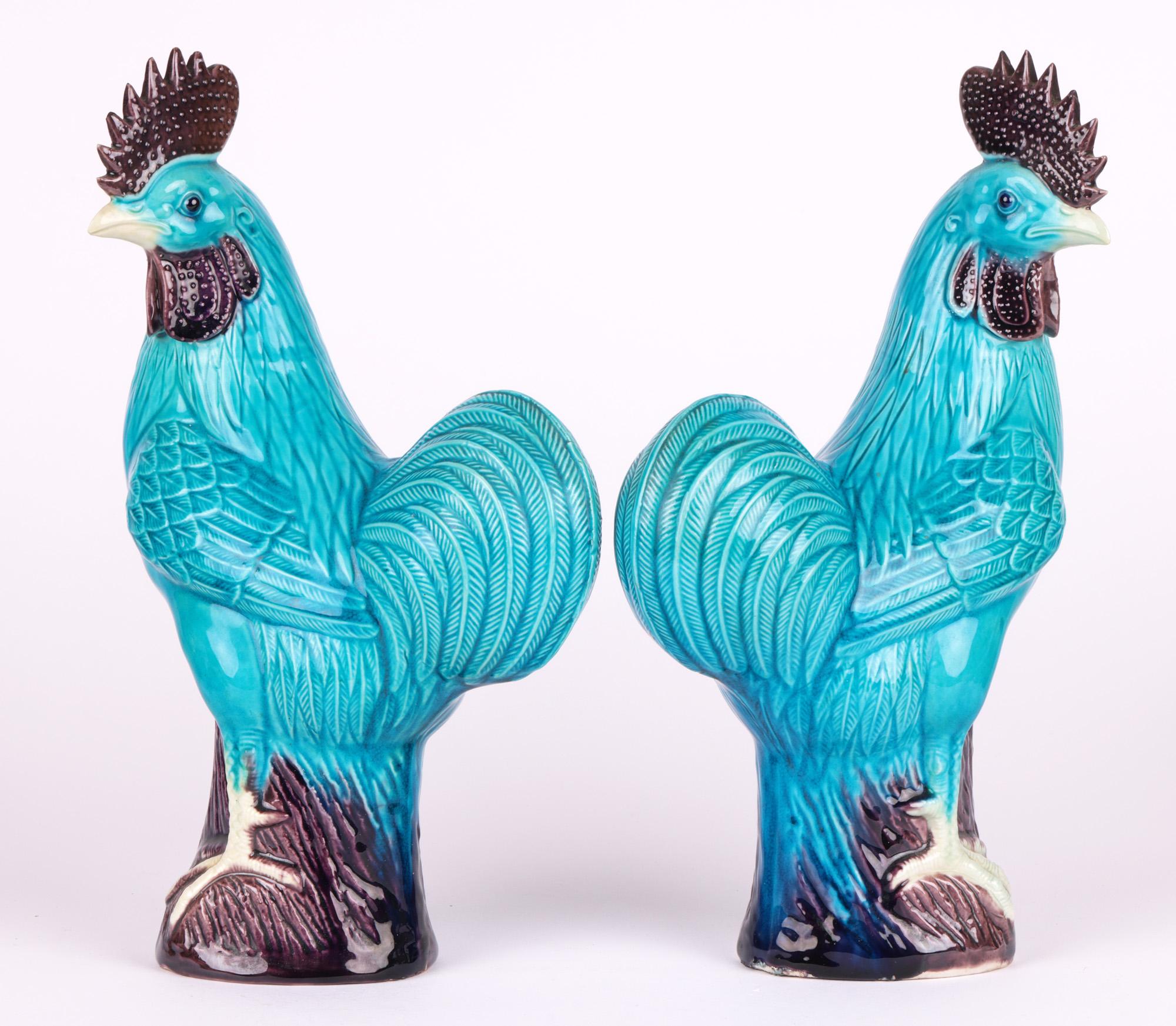 Chinese Pair Turquoise Glazed Porcelain Cockerel Figures 11