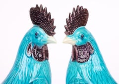 Chinese Pair Turquoise Glazed Porcelain Cockerel Figures