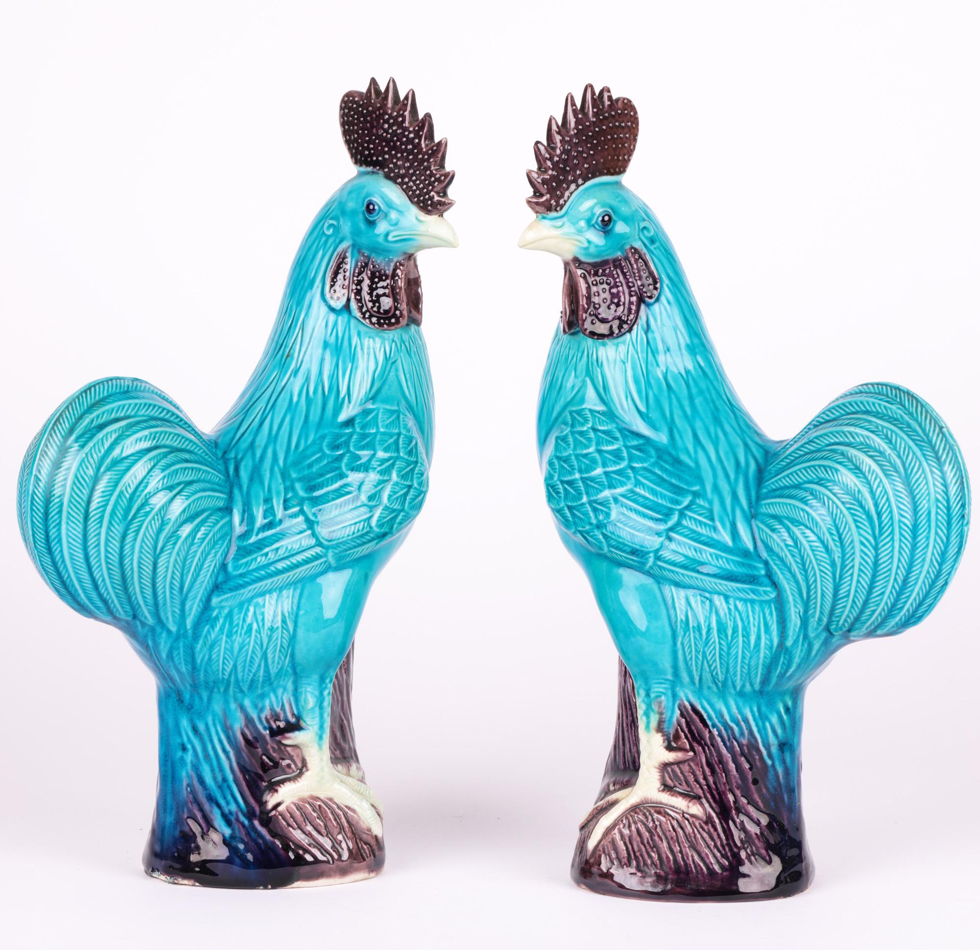 Chinese Pair Turquoise Glazed Porcelain Cockerel Figures 14