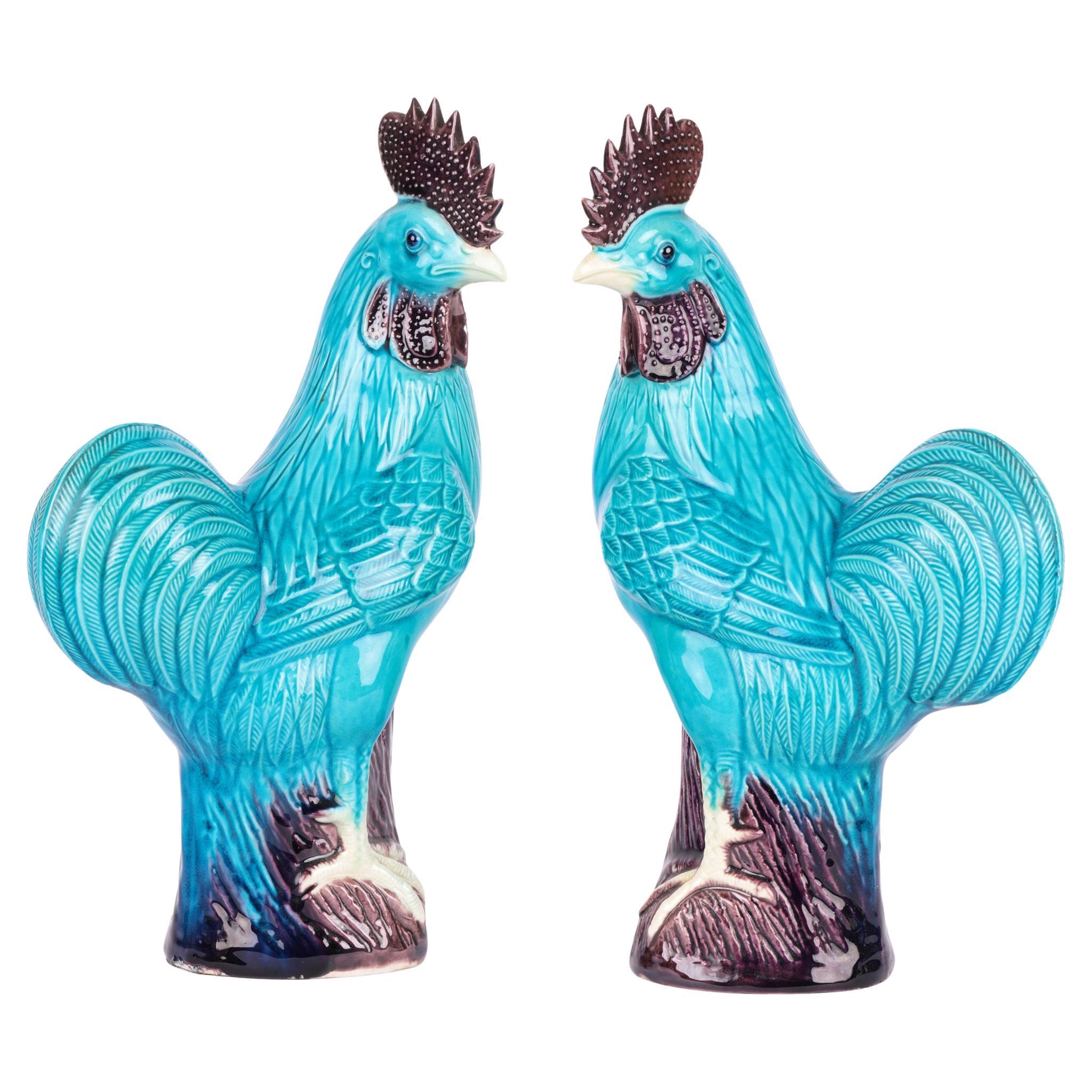 Chinese Pair Turquoise Glazed Porcelain Cockerel Figures