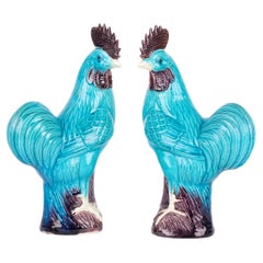 Chinese Pair Turquoise Glazed Porcelain Cockerel Figures