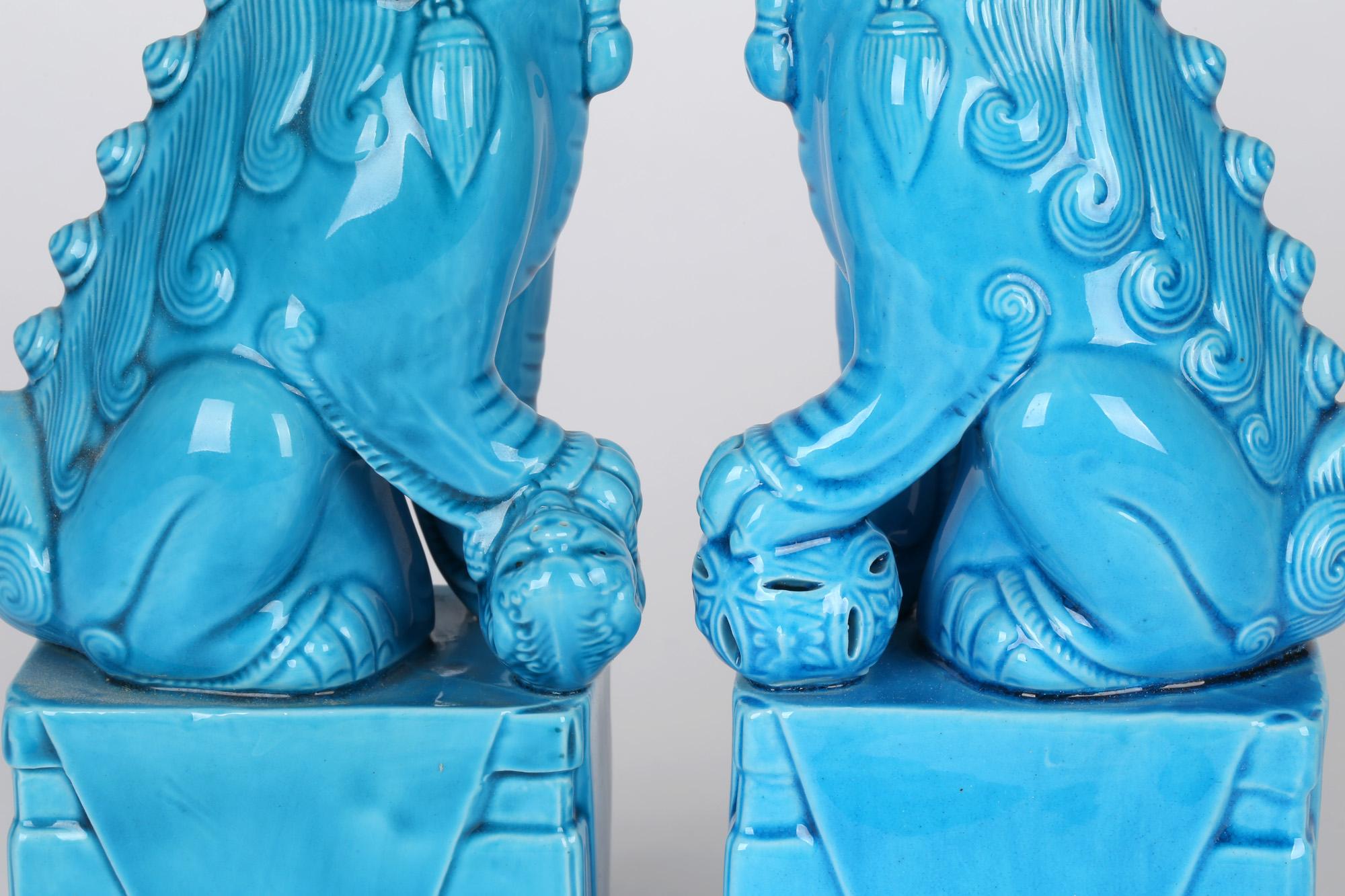 Chinese Pair Turquoise Glazed Porcelain Mounted Foo Dogs 5