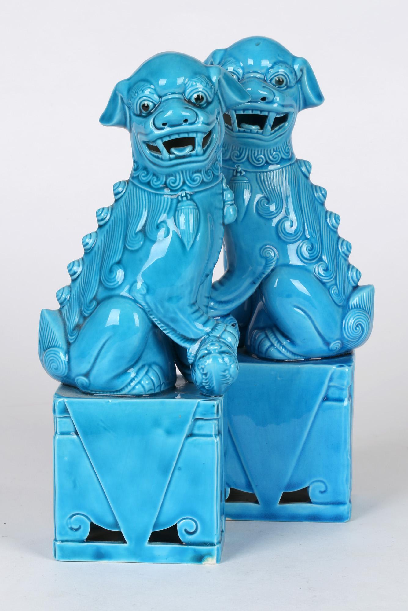 Chinese Pair Turquoise Glazed Porcelain Mounted Foo Dogs 6