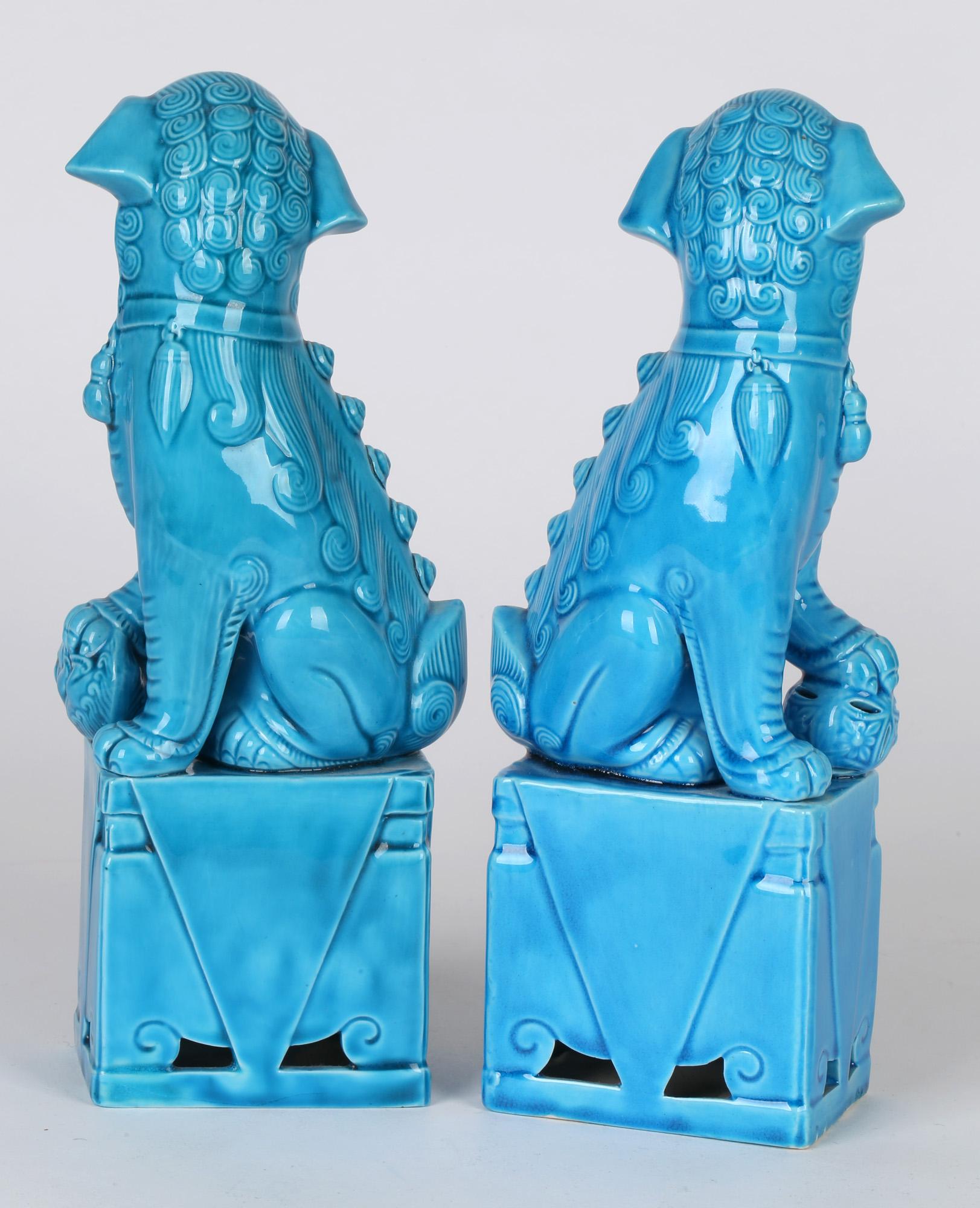 Chinese Pair Turquoise Glazed Porcelain Mounted Foo Dogs 7