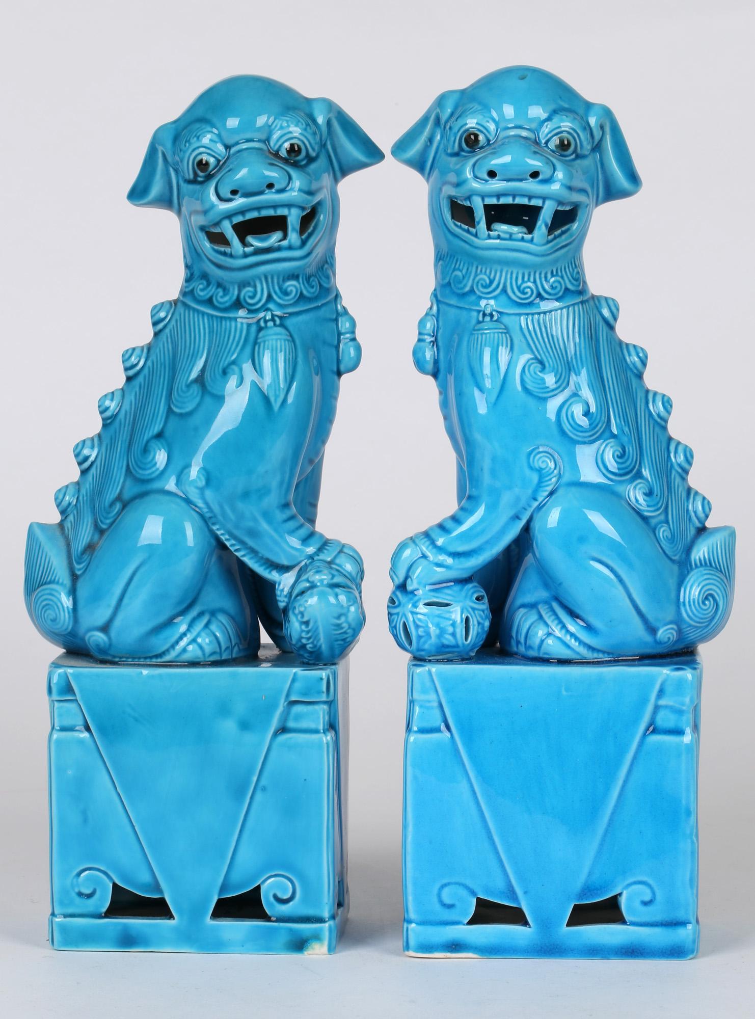 Chinese Pair Turquoise Glazed Porcelain Mounted Foo Dogs 9