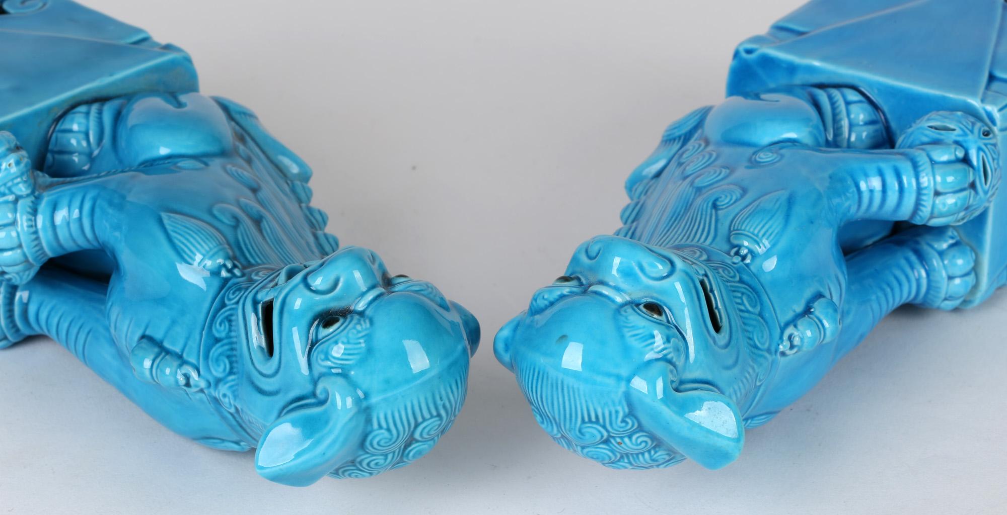Chinese Pair Turquoise Glazed Porcelain Mounted Foo Dogs 10